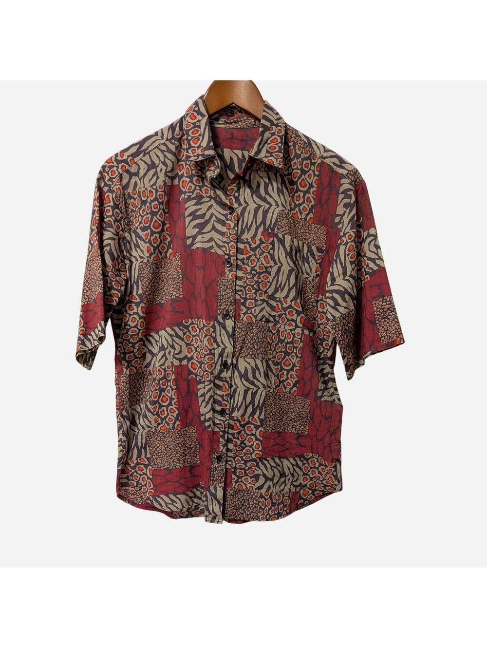 Vintage 90s Abstract Animal Print Patchwork Short Sleeve Button Up Shirt Medium